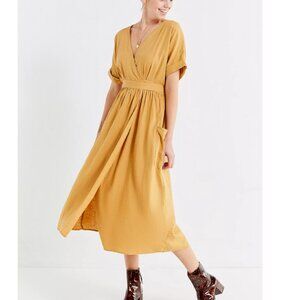 UO Gabrielle Gold Linen Midi Wrap Dress Pockets Rayon Small Mustard